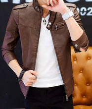 Load image into Gallery viewer, Mens Stand Collar Faux Leather Biker Jacket
