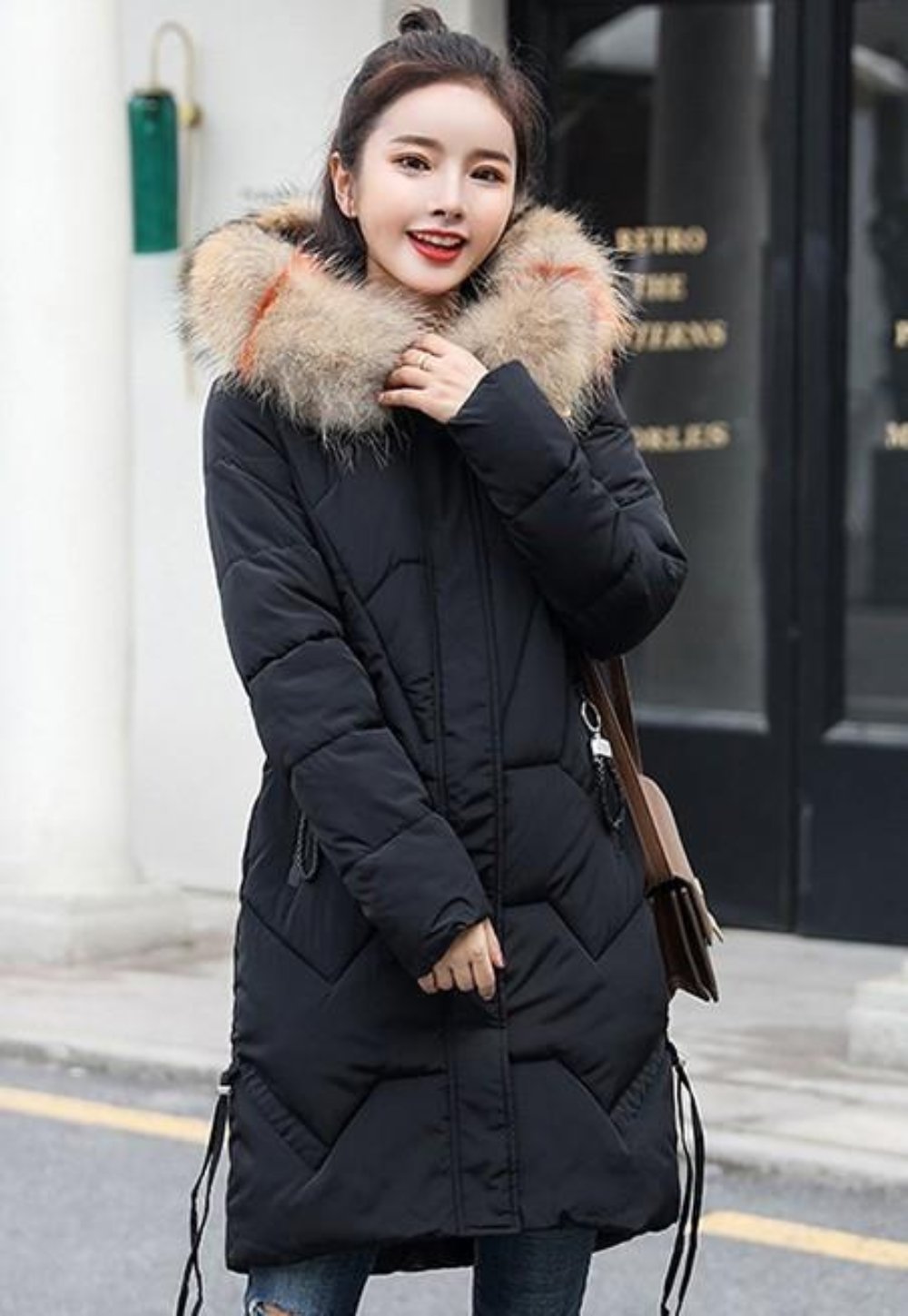 Womens Classic Black Casual Puffer Coat with Faux Fur Hood