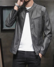 Load image into Gallery viewer, Mens Round Neck Zipped Up Vegan Leather Biker Jacket
