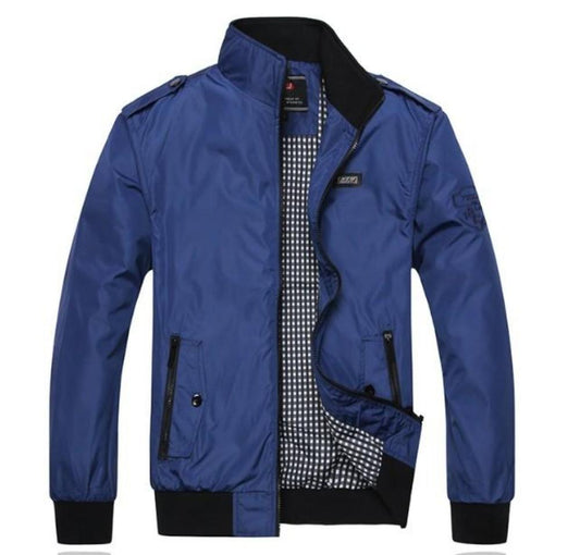 Mens Blue Stand Collar Zipper Jacket