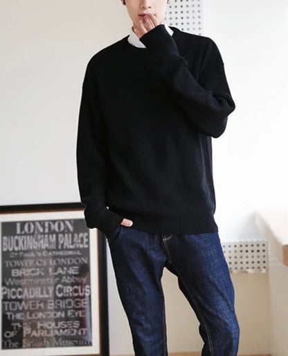 Mens KPOP Style Crew Neck Loose Fit Sweater