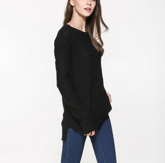 Womens Relaxed Fit Round Neck Sweater in Black