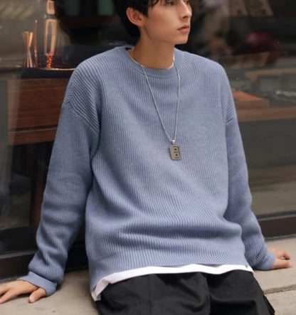 Mens KPOP Style Crew Neck Loose Fit Sweater