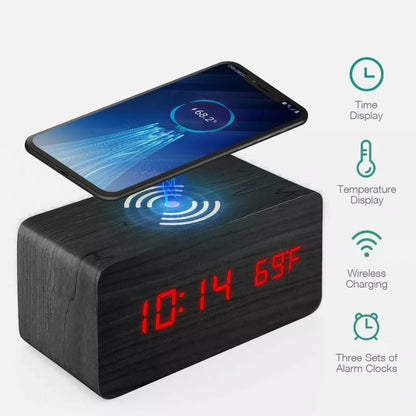 Wooden Digital Alarm Clock with Wireless Phone Charging Pad