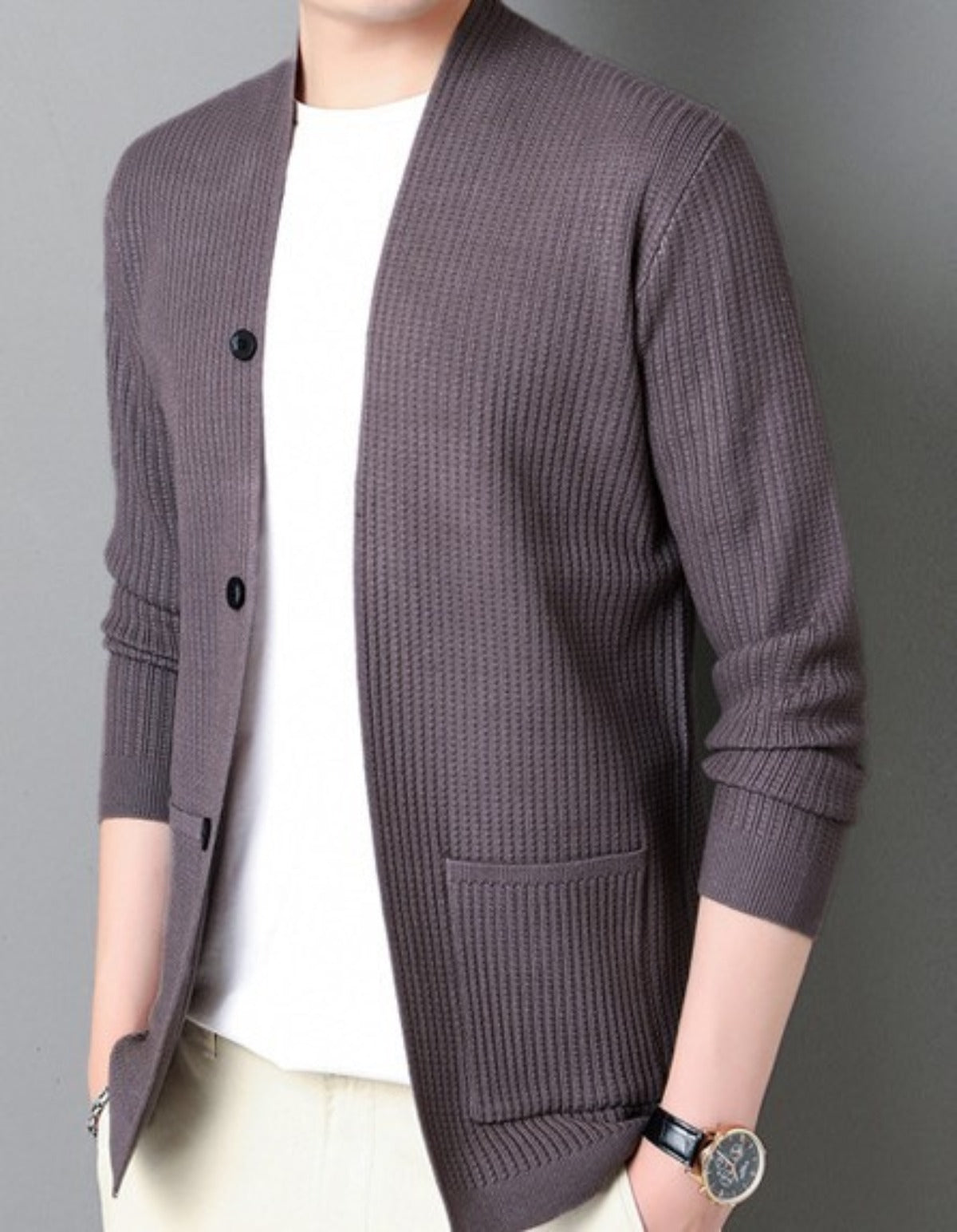 Mens Casual Open Cardigan with Faux Button Design