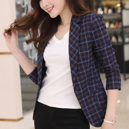 Womens Single Button Slim Fit Checkered Blazer