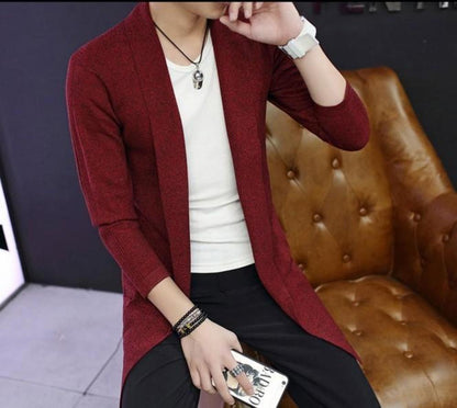 Mens Mid Length Shawl Collar Cardigan in Red