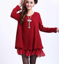 Load image into Gallery viewer, Womens Red Layered Tunic Sweater Dress with Frill Trim
