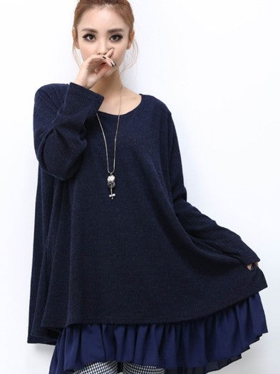 Womens Layered Tunic Sweater Dress with Frill Trim in Navy