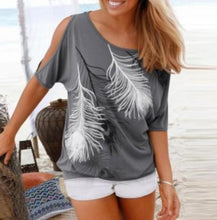 Load image into Gallery viewer, Womens Cut Shoulder Casual T Shirt with Feather Print
