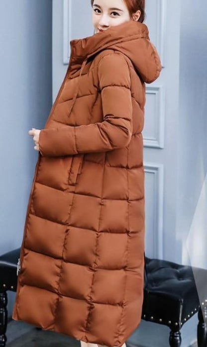 Womens Classic Puffer Hooded Long Coat in Brown
