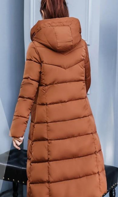 Womens Classic Puffer Hooded Long Coat in Brown