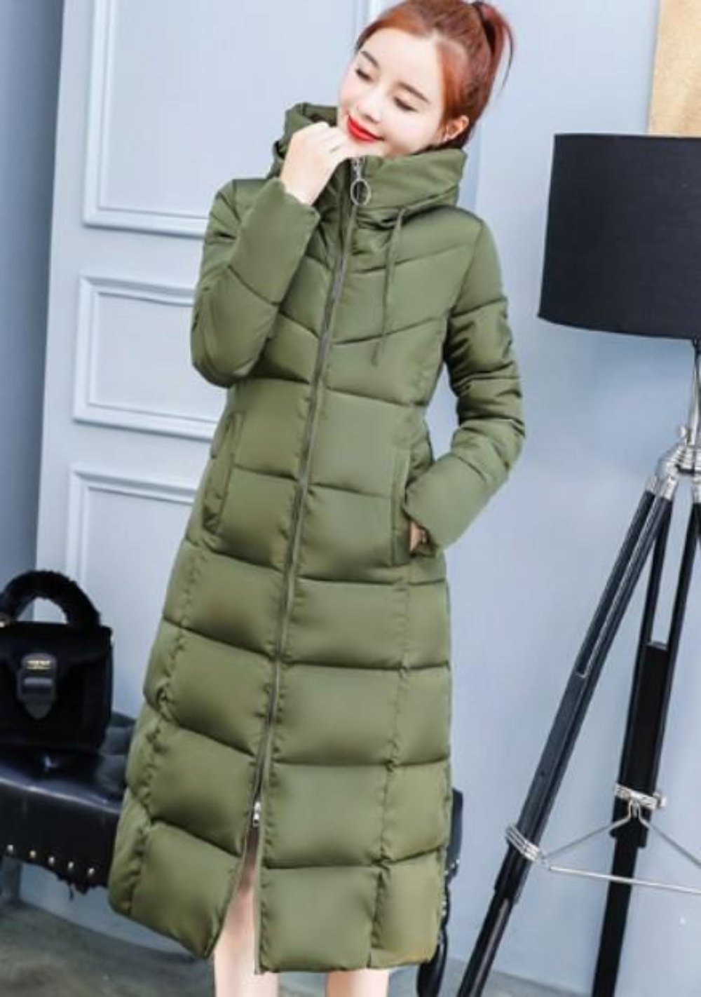 Womens Classic Puffer Hooded Long Coat in Gray