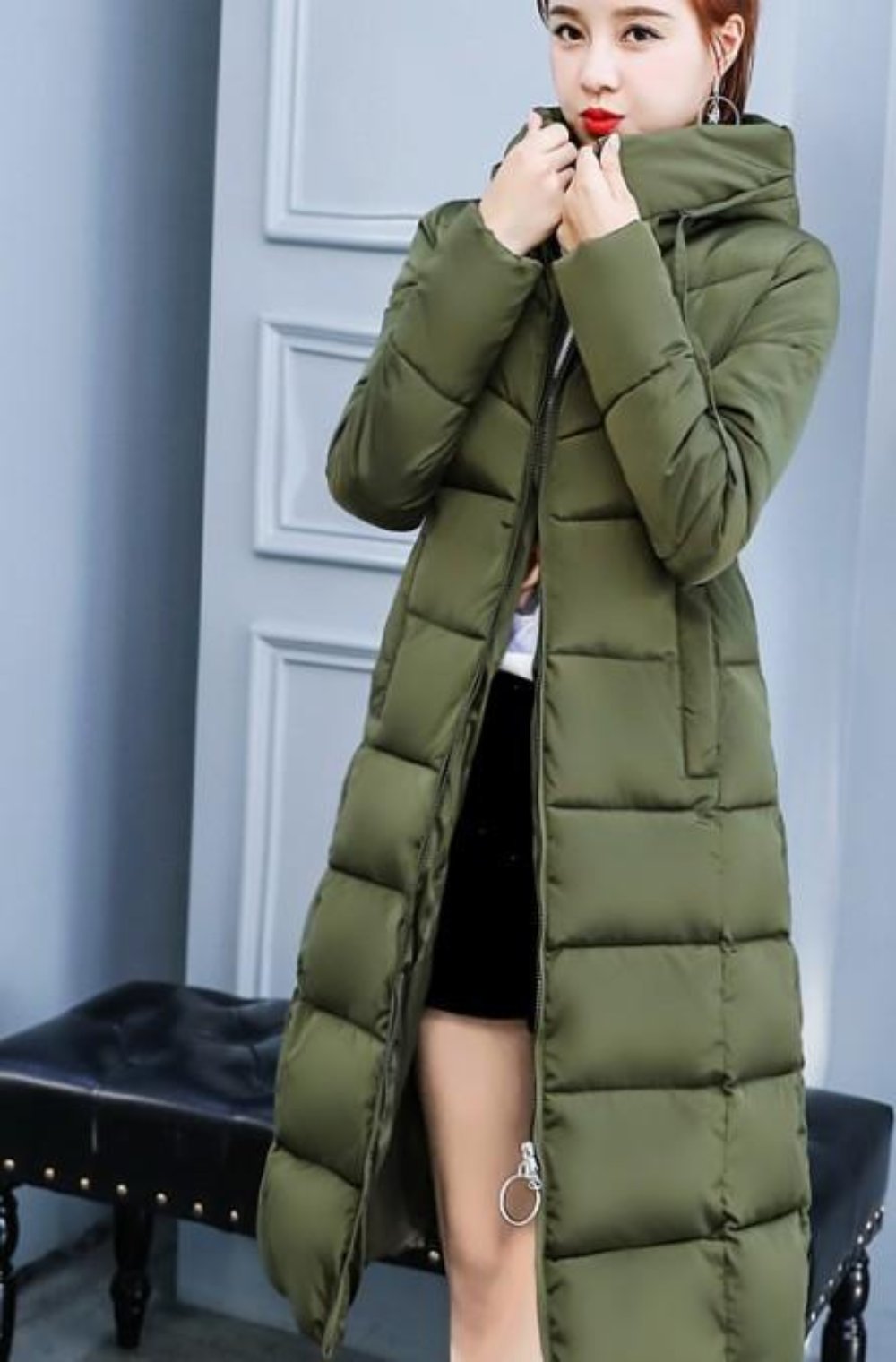 Womens Puffer Hooded Long Coat in Army Green