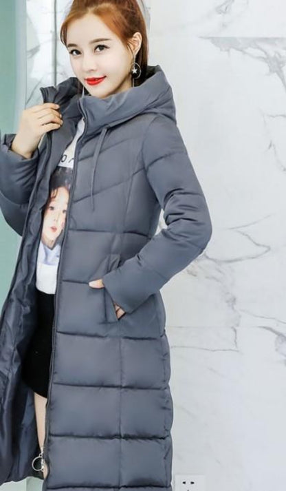 Womens Classic Puffer Hooded Long Coat in Gray