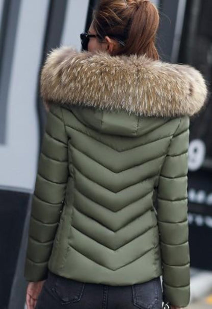 Womens Army Green Hooded Slim Fit Winter Zip Up Short Coat