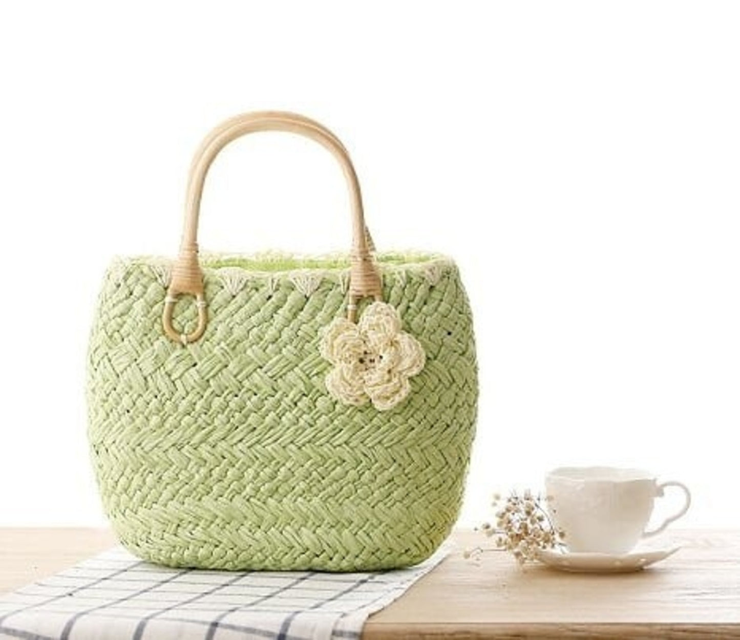 Straw Purse with Rattan Handles by Coseey