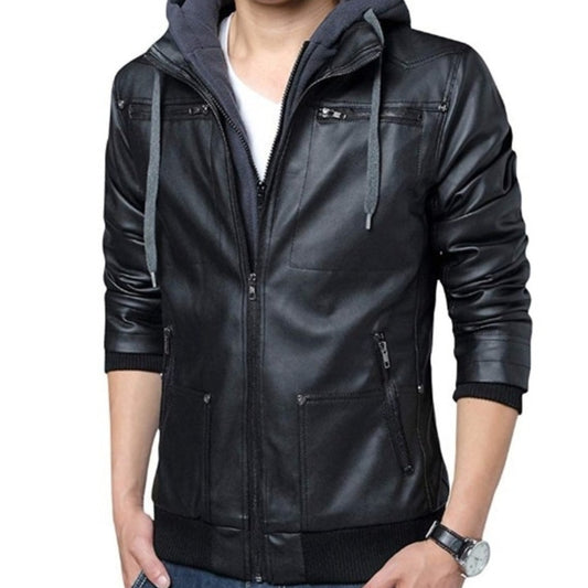 Mens Hooded Faux Leather Jacket