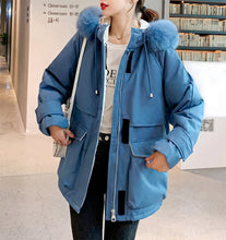 Load image into Gallery viewer, Womens Mid Length Zipper Coat with Furry Hood
