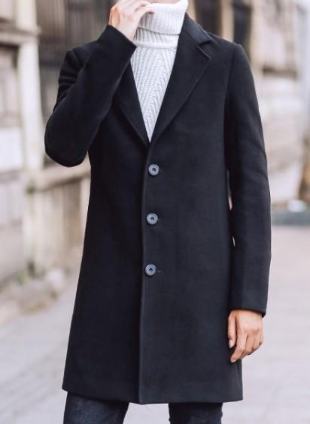 Mens Slim Fit Mid Length Overcoat in Black
