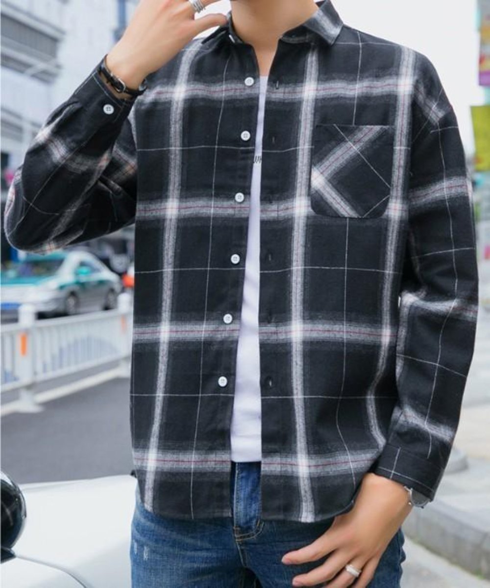 Mens Casual Long Sleeve Button Front Plaid Shirt in Gray