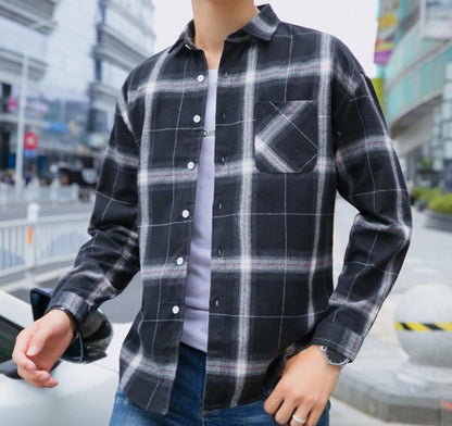 Mens Casual Long Sleeve Button Front Plaid Shirt in Blue