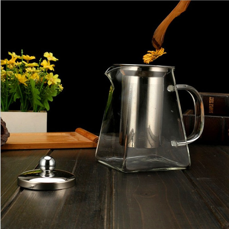 Heat Resistant Glass Tea Pot with Stainless Steel Filter Basket