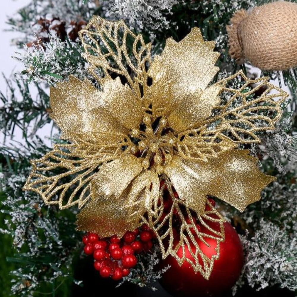 Christmas Tree Decoration Hanging Glitter Flowers 10 Pcs Set
