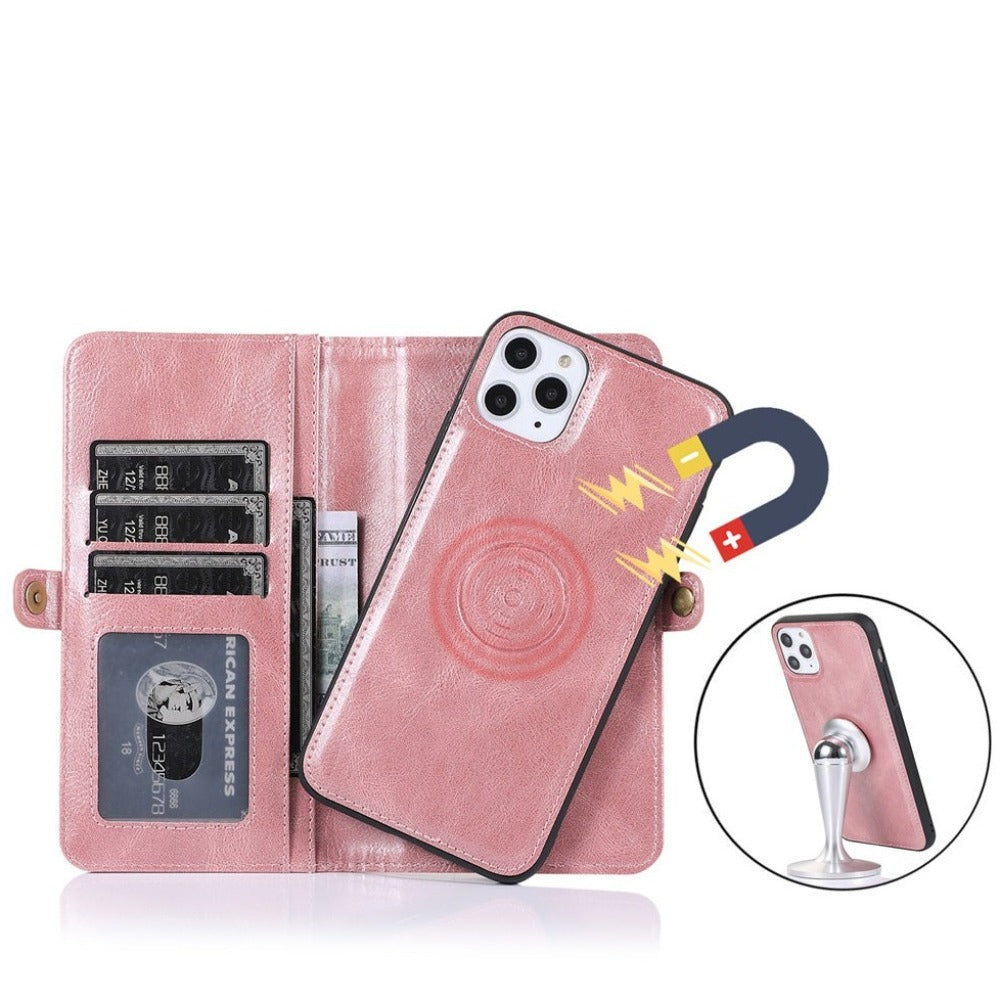Vegan Leather Magnetic Card Holder Wallet Case with Strap for iPhone 11 to 15