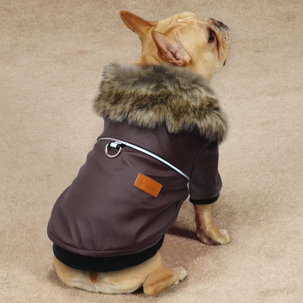 Waterproof Vegan Leather Jacket for Dog with Faux Fur Collar