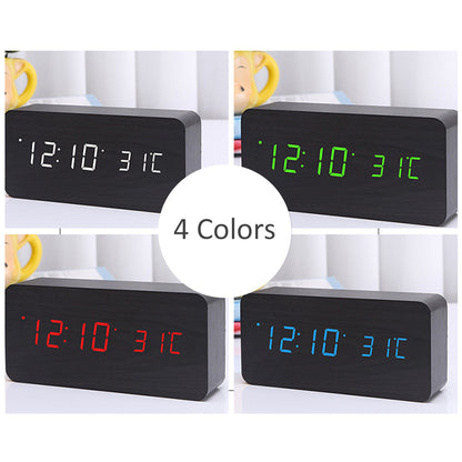 LED Desk Dark Wooden Digital Alarm Clock with Temperature Display