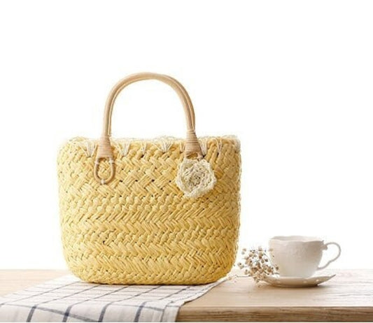 Straw Purse with Rattan Handles by Coseey