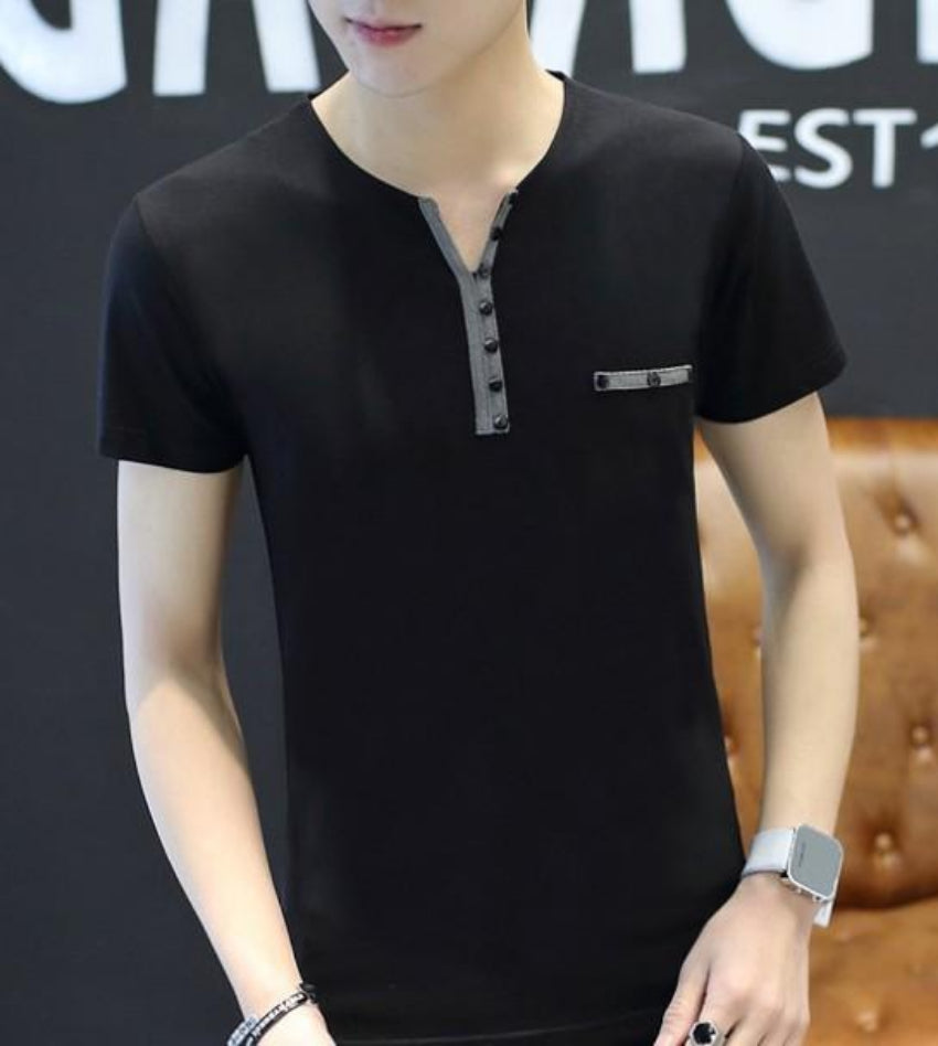Mens Casual Slim Fit T Shirt with Buttons Details