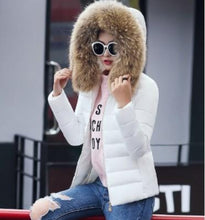 Load image into Gallery viewer, Womens Hooded Slim Fit Winter Zip Up Short Coat in White
