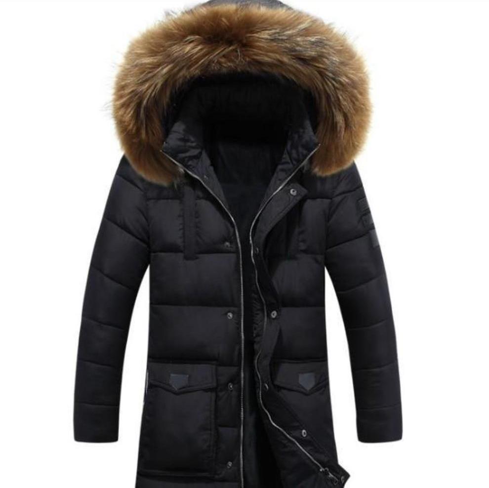 Mens Military Style Winter Faux Fur Hooded Coat in Classic Black