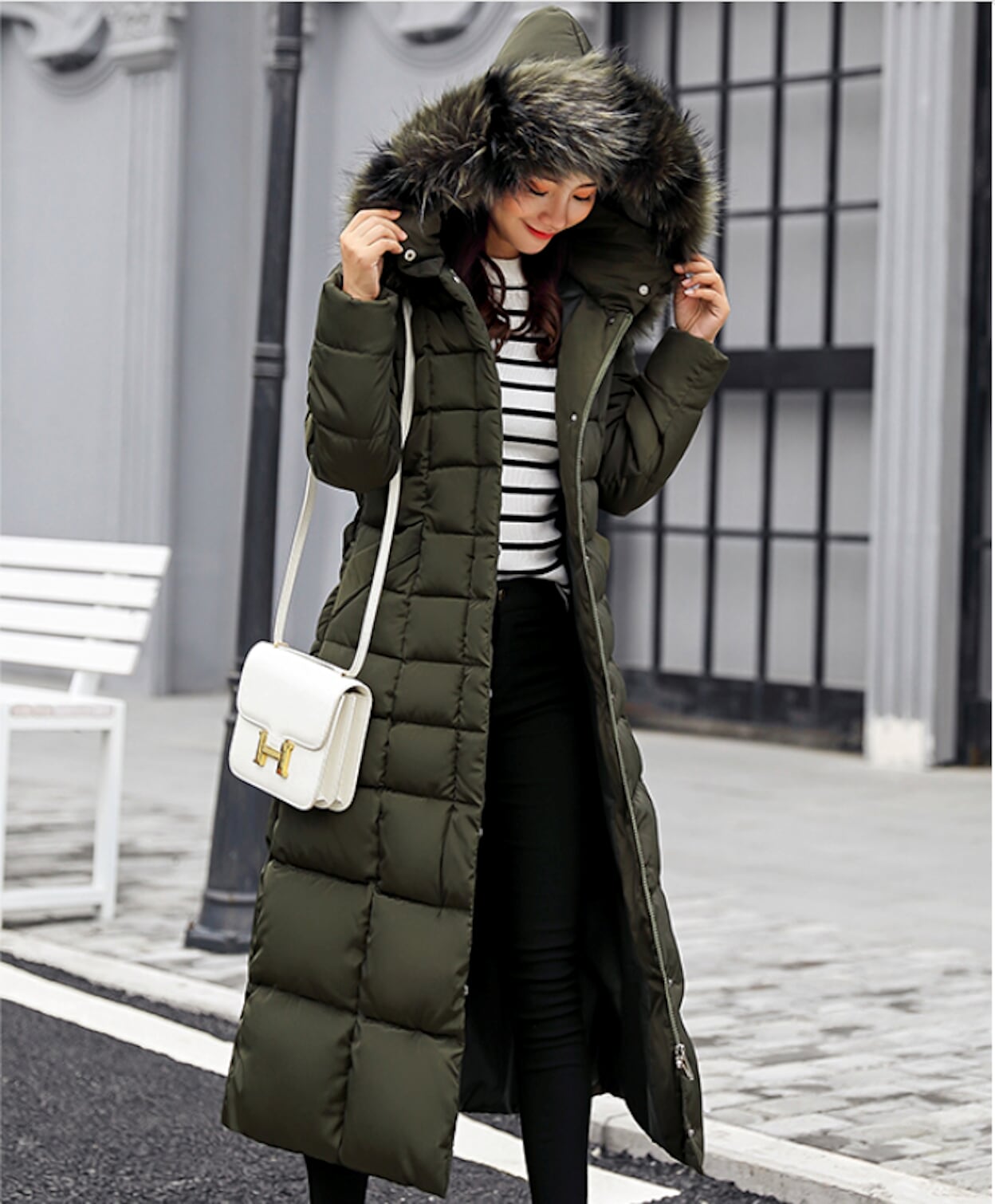 Womens Hooded Long Coat with Removable Faux Fur Collar