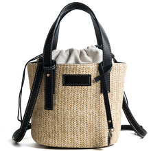 Load image into Gallery viewer, Straw Shoulder Bucket Bag with Vegan Leather Handle
