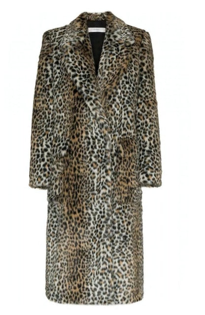 Womens Faux Fur Leopard Long Coat with Pockets