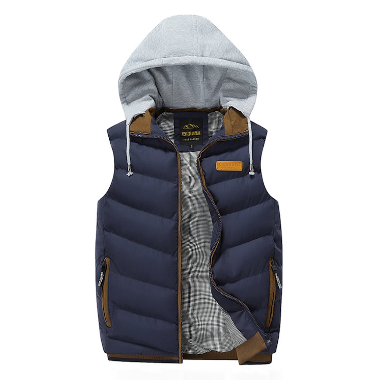 Mens Winter Puffy Vest with Removable Hood in Navy