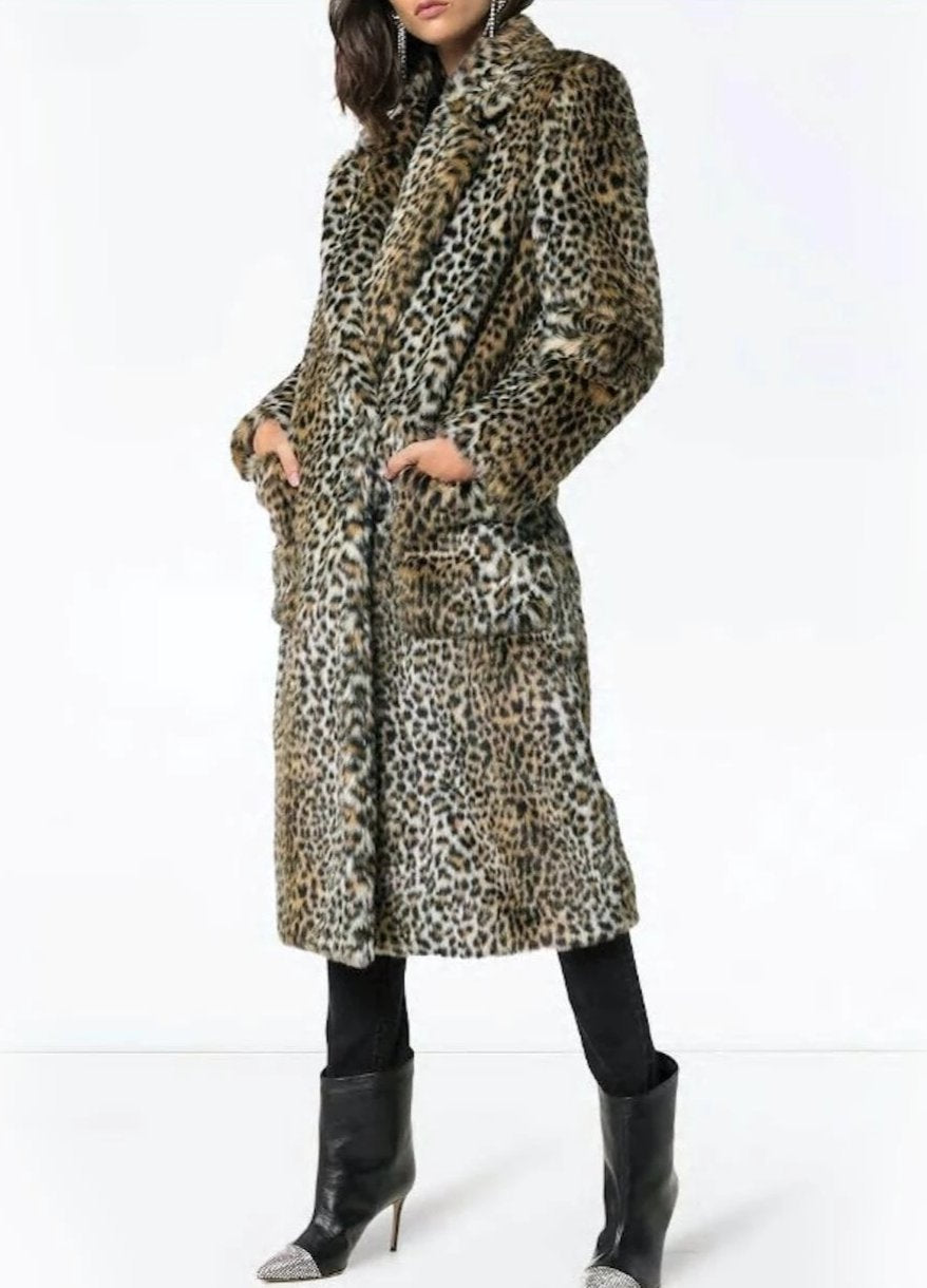 Womens Faux Fur Leopard Long Coat with Pockets – Onetify
