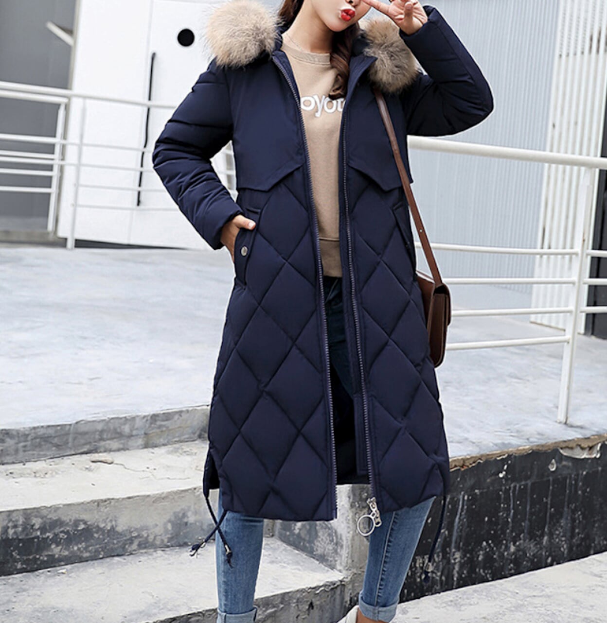 Womens Long Zipper Coat with Furry Hood