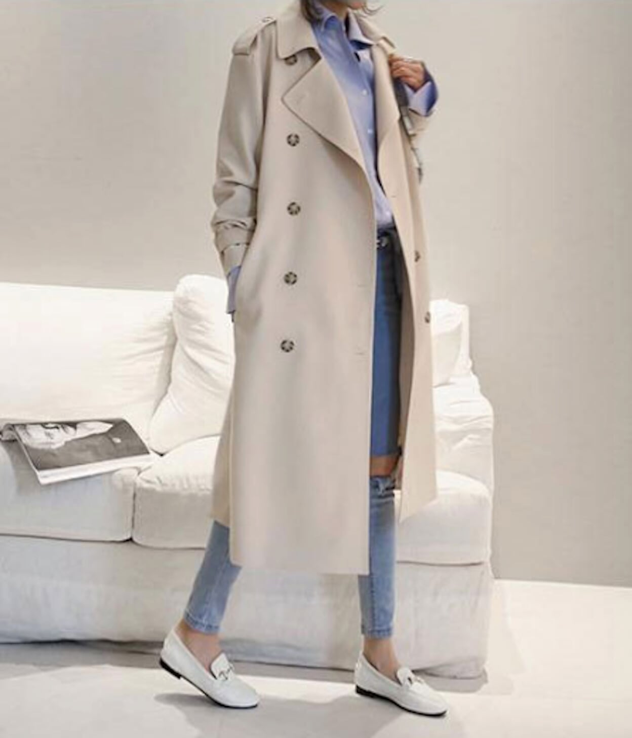 Womens Double Breasted Long Trench with Side Button Details