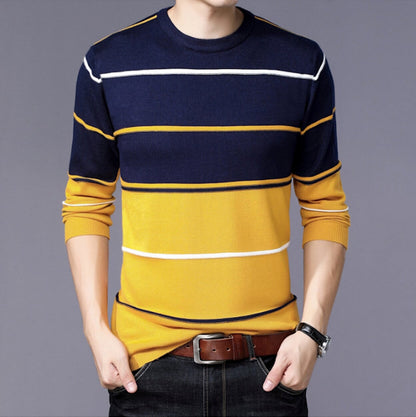 Mens Round Neck Tow Tone Striped Sweater