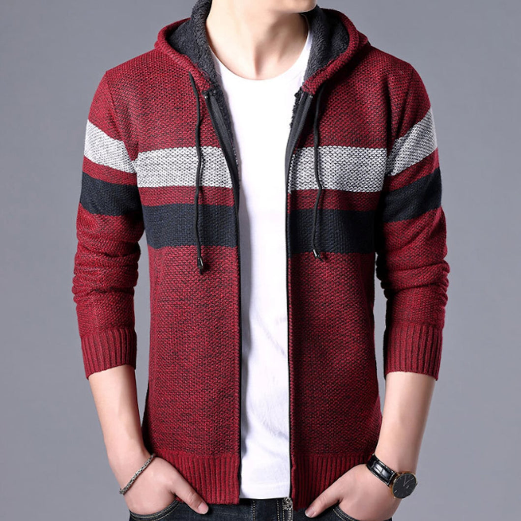 Mens Striped Knit Cardigan with Hood in Red