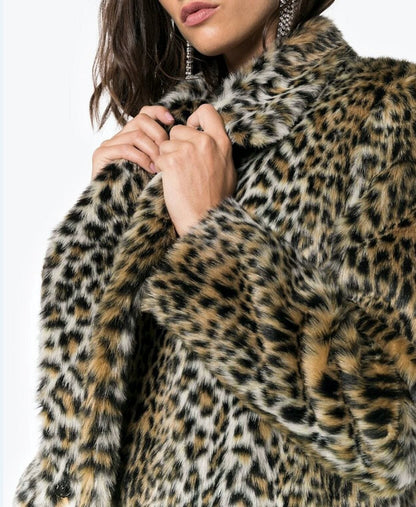 Womens Faux Fur Leopard Long Coat with Pockets