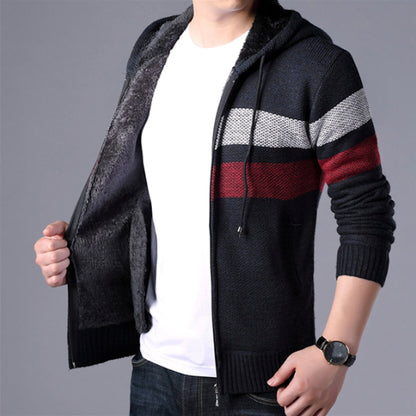 Mens Striped Knit Cardigan with Hood in Red