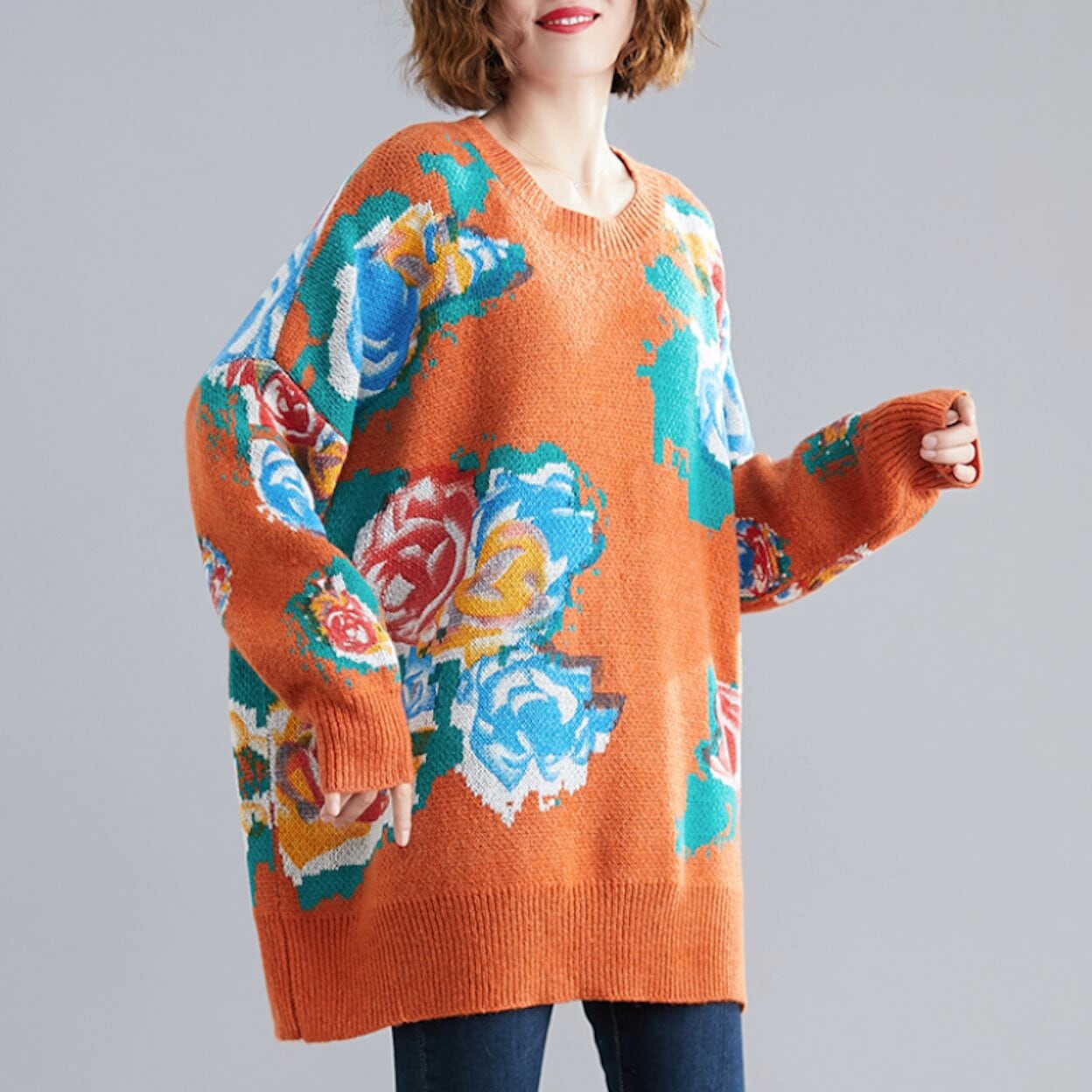Womens Round Neck Floral Print Sweater