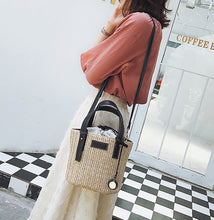 Load image into Gallery viewer, Straw Shoulder Bucket Bag with Vegan Leather Handle
