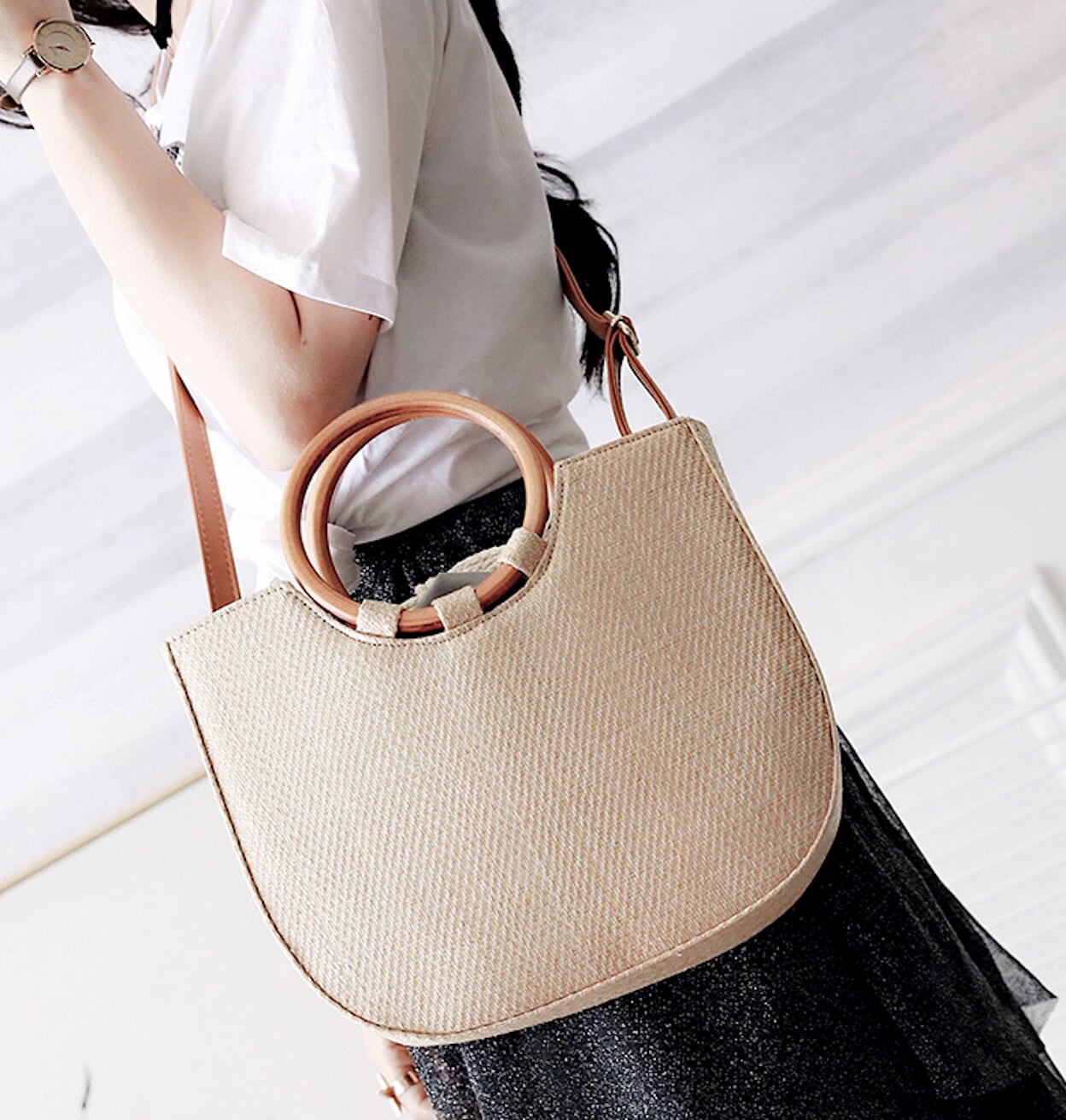 Straw Tote with Round Wooden Handles