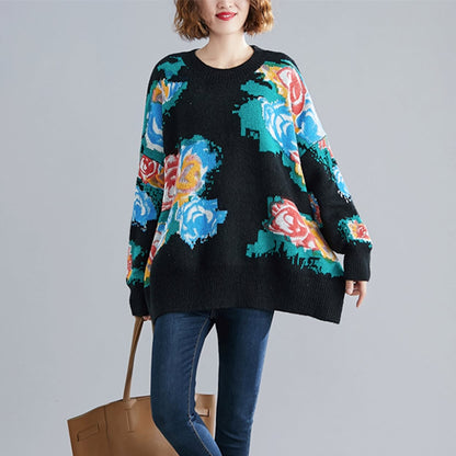 Womens Round Neck Floral Print Sweater